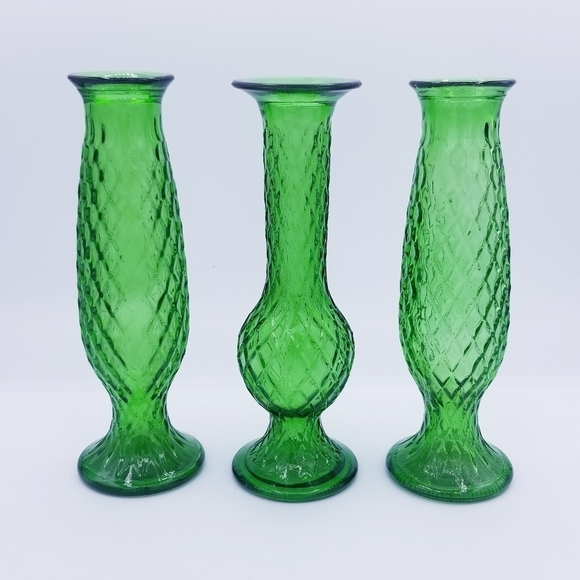 Vintage E.O. Brody Co Emerald Green Glass Bud Vases Diamond Pattern 7-1/2" - Picture 1 of 7